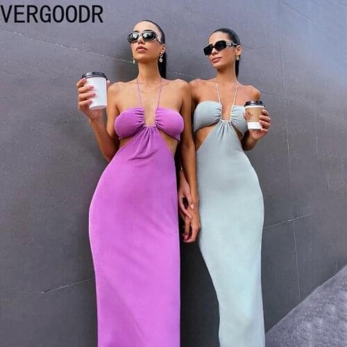 Vergoodr Solid Dress Sexy Backless Halter Neck Strap High Slit Long Dress for Women Party Bandage Dresses Vestido Feminino