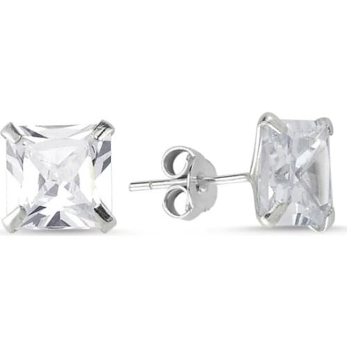Silver 925 Sterling 8mm Square Zircon Engagement Earrings