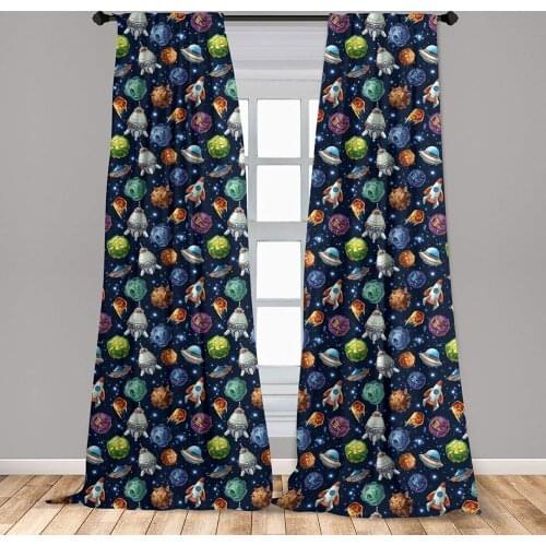 Space Curtains Futuristic Science Fiction Comic Planet Spaceships Androids Rockets UFO Illustration Window Curtains Living Room