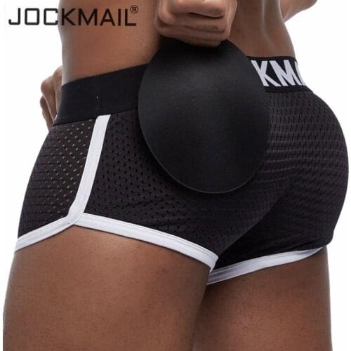 JOCKMAIL Breathable Mesh Enhancing Padded Hip Sexy Boxer Men Underwear Removable Enhancement Two Butt Pads Gay Penis Pad Bulge