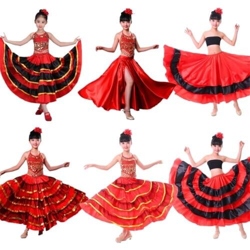 Girls Dance Dress Flamenco Spanish Gypsy Skirt Chorus Stage Performance Dresses for Girl Belly Spain Costume Kids 100-150CM