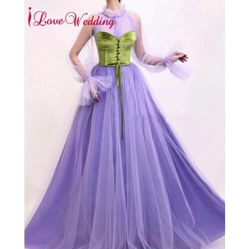 New Fashion High Neck Lilac Tulle Prom Gown Custom made A Line Long Sleeves Arabic Style Prom Party Dresses