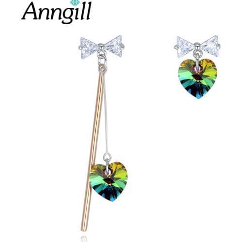 ANNGILL Real Love Heart Crystals From Swarovski Women Long Earrings Korean Bow-Knot Asymmetrical Drop Earrings Bohemian Jewelry