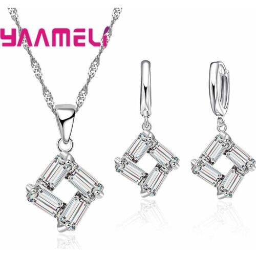 Square Shape Four Zircons Women Wedding 925 Jewelry Sets Pendant Necklace With Pairs Of Earrings Anniversary Gift