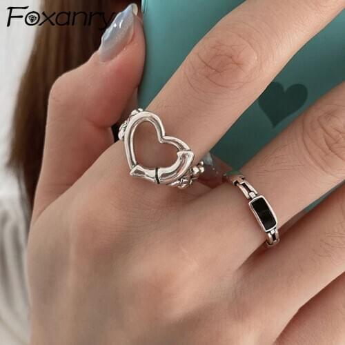 Foxanry 925 Sterling Silver Finger Rings for Women Couples New Fashion Creative Hollow LOVE Heart Chain Geometric Bride Jewelry