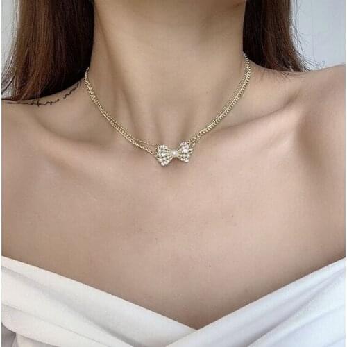 12pcs/lot Double-layer Bowknot Pearl Necklace High-end Niche Choker Clavicle Chain Necklace Accessories for Women