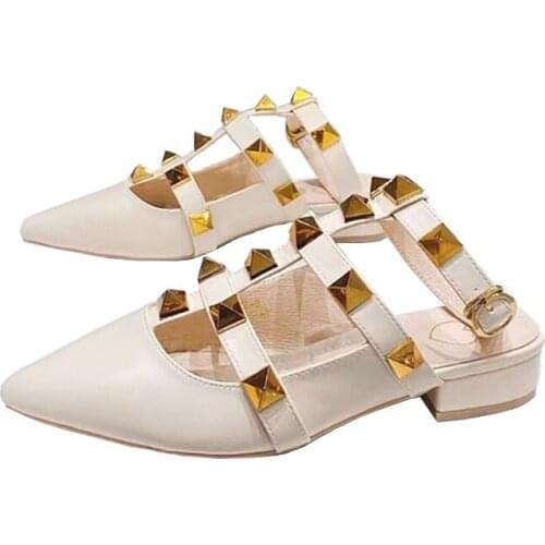 2021 New Rivets Collection Cow Skin Single Shoes Women Pointed Toe Sandals Slippers Muller Shoes High Heels Sexy in Summer