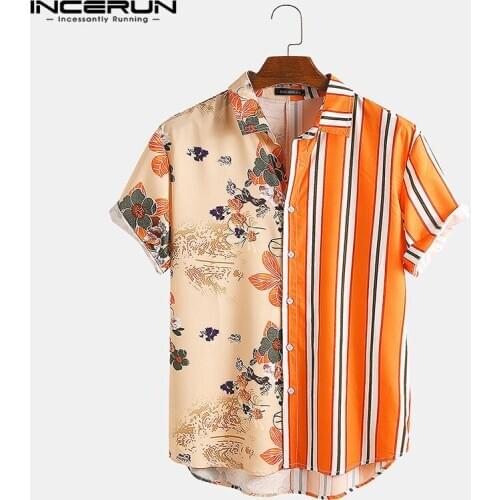 INCERUN 2021 Printing Striped Patchwork Shirt Men Short Sleeve Lapel Beach Fashion Mens Hawaiian Shirt Streetwear Casual Blouse