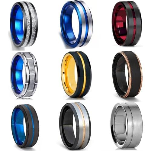 25 Models Engravable Mens Fashion 8MM Black Brushed Ladder Edge Tungsten Steel Ring Blue Groove Men Wedding Ring Gifts For Men