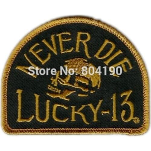 3.3" LUCKY THIRTEEN 13 NEVER DIE GOLD MOTORCYCLE HOT ROD PUNK BIKER PATCH punk rockabilly applique Embroidered iron on patch