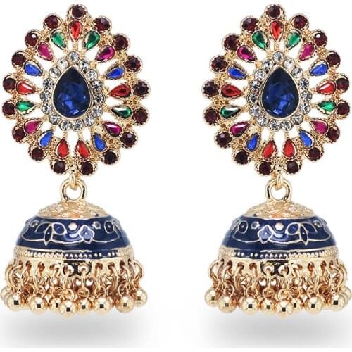 Bollywood Indian Palace Jhumka Jhumki Earrings for Women Bridal Luxury Crystal Beads Bells Tassel Earring Egypt Thail Jewelry