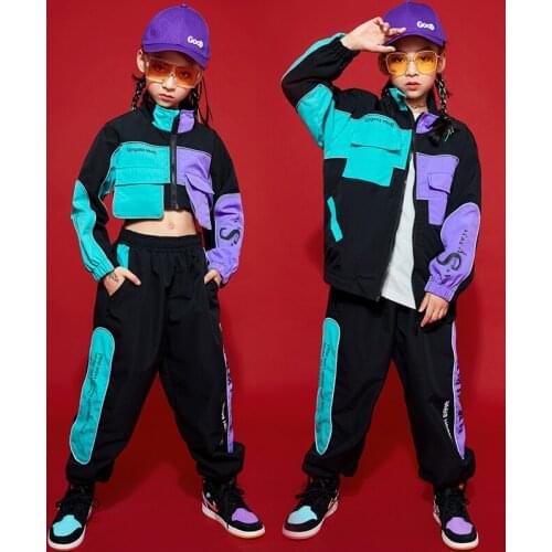Kids Hip Hop Clothes For Girls Short Jacket Sweatshirt Navel Tops Casual Pants Street Dance Hip Hop Costumes Jazz Rave Clothing