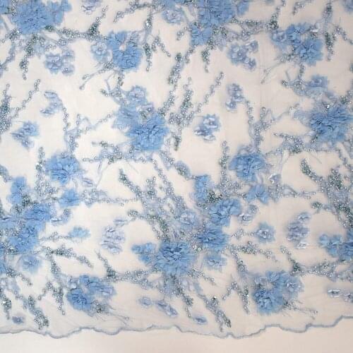 Elegant Sky Blue French 3D Flower Handmade Beaded Tulle Lace With Pearls Net Sequins Fabrics For Girl Dress HY0887