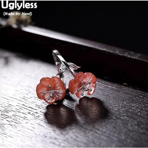 Uglyless 100% Real 925 Sterling Silver Handmade Agate Double Flowers Open Rings for Women Gemstones Fine Jewelry Female Bijoux