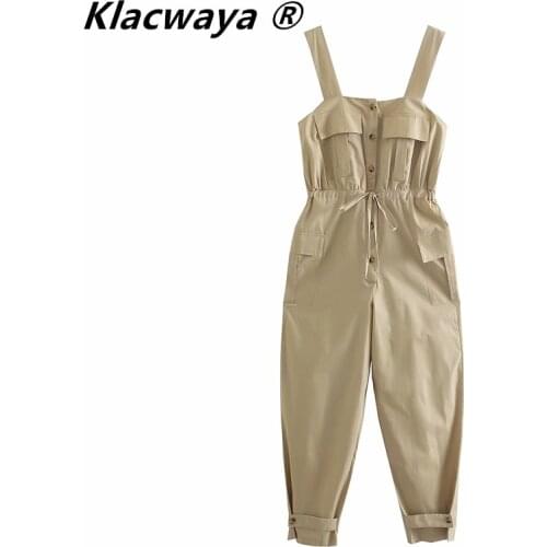 Klacwaya Female Jumpsuit Za Summer 2021 Pockets Overalls Women Fashion Wide Straps Sleeveless Casual Long Jumpsuit Overalls