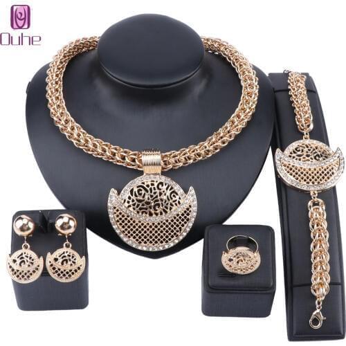 African Beads Jewelry Set Exquisite Dubai Gold Color Crescent Crystal Necklace Earring Ring Wedding Bridal Bijoux Jewelry Set