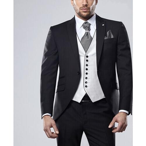 Three Pieces Mens Wedding Suits Slim Fit Peak Lapel Black Jacket Button Down V Neck Business White Vest Costumes