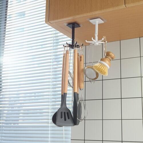 Kitchen Cabinet Hooks Household Self Adhesive Wall Door Clothes Bag Hanger Racks Rotated Storage Shelf