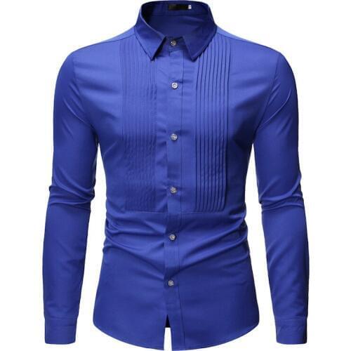 Fashion Royal Blue Tuxedo Shirt Men 2021 Brand New Wrinkled Design Long Sleeve Mens Dress Shirts Wedding Prom Camisa Masculina