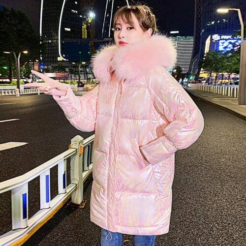 Trendy Winter Long Jacket Women Hooded Bright Color Artificial Fur Collar Warm Cotton Coat Loose Thick Pink Snow Parka Outwear