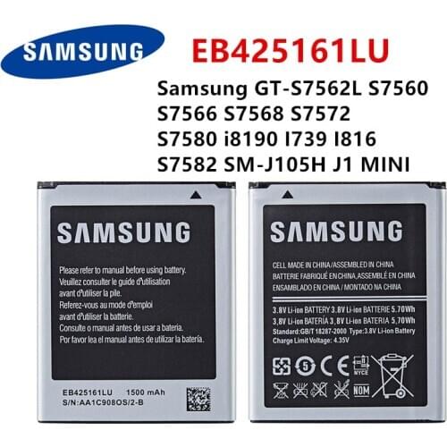SAMSUNG Orginal EB425161LU Battery For Samsung GT-S7562L S7560 S7566 S7568 S7572 S7580 i8190 I739 I8160 S7582 SM-J105H J1 MINI