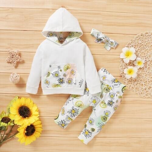 Autumn Baby Girl Floral Print Long Sleeve Hoodie Sweatshirt Pants Headband Casual Costume Set