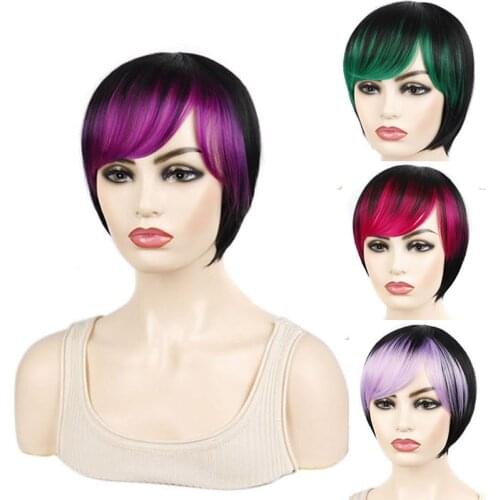 Jeedou Straight Short Hair Wigs Bob Haircut Whit Bangs Synthetic Pink Purple Green Ombre Color Young Girls Wig