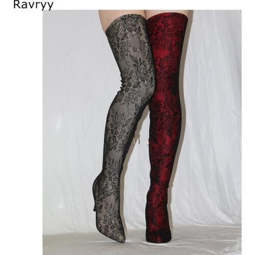 Sexy lace elastic womans long boots pointed toe thin heel over-the-knee boot party club show model female booties Plus Size 44