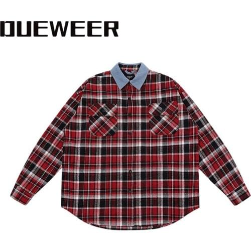 Dueweer Scottish Plaid Shirts Oversized Shirt Men Women Vintage Streetwear Tartan Patchwork Long Sleeve Shirts