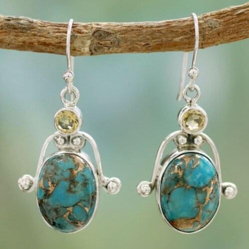 Alloy Silver Earrings Fashion Retro Texture Large Oval Blue Sandstone Earrings Wedding Party Silver Jewelry