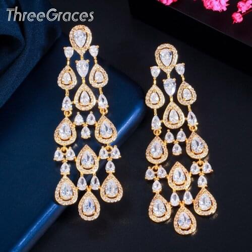 ThreeGraces New Fashion Shiny CZ Crystal Dubai Gold Long Tassel Water Drop Earrings for Women Wedding Party Jewelry Gift ER530