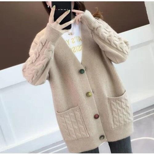 Sweater jacket 2021 autumn and winter new ladies loose Korean twist stripe solid color knitted cardigan all-match casual top