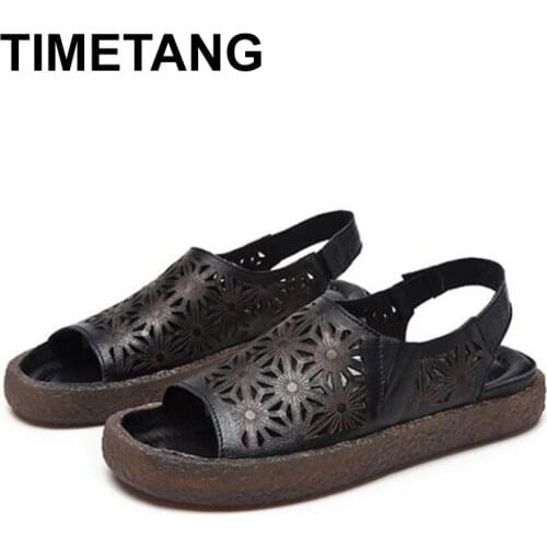 TIMETANG Women Sandals Soft Leather Gladiator Sandals Women Casual Summer Shoes Female Flat Sandals Size 35-40 Beach Shoes Women