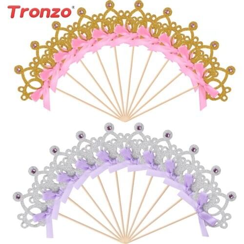 Tronzo Gold Silver Diamonds Crown Cake Topper 10 Pcs Cake decoration princess Baby Boy Girl Happy Birthday Party Supplies