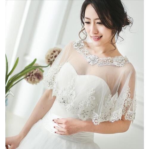 White/ivory tulle lace shawls beautiful Rhinestone Wedding Shrug Wrap Bridal Bolero Shawl Jacket bridal wraps