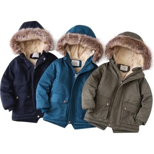 Outdoor Winter Fleece Jackets For Boy Trench Childrens Fur collar Hooded Warm Kids Boy Outerwear Windbreaker Baby Kids Coats
