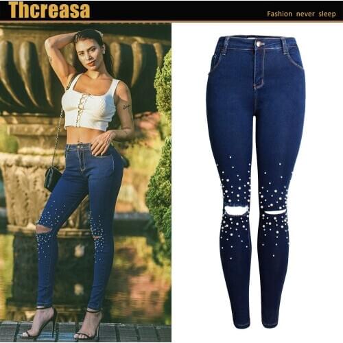 Womens Jeans Pants New High Waist Slim Leggings Pencil Pants Pearl Womens Jeans Pants