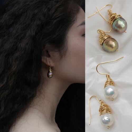 2019 Vintage Good Quality Baroque Pearl Earrings Gold Color Handmade Fancy Shinny Real Pearl Drop Earrings for Women