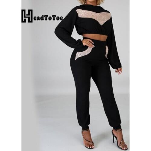Solid Sequins Navel Casual Fashion 2 Piece Set Women Full Sleeve Round Neck Elastic Waist Loose Two Piece Outfits Woman