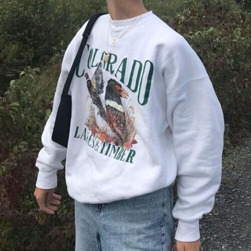 B-TOTO American Retro White Print Hoodless Sweater Women Loose Trendy Ins Printing Round Neck Top 2021 New Fashion