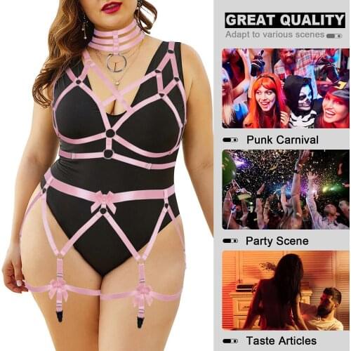 Pink Bow Goth Fat Female Plus Size Body Harness Set Bondage Restraints Straps Bdsm Stockings Garter Belts Erotic Lingerie Fetish