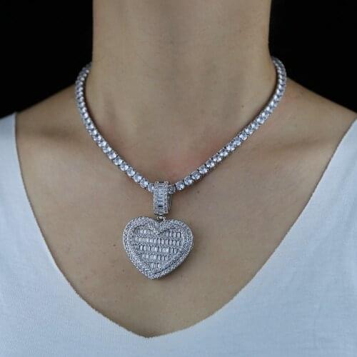 In Stock Iced Out Bling Women Jewelry 5A White Cubic Zirconia Heart Shaped Pendant Necklace With Tennis Box Chain