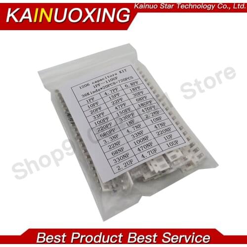 1206 SMD Capacitor assorted kit ,36values*20pcs=720pcs 1pF~10uF Samples Kit electronic diy kit Free shipping