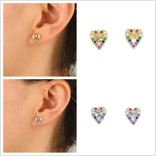 2 Colors 925 Sterling Silver Hollow Heart Shape Stud Earring Paved Colorful Cz Dainty Jewelry For Women Wedding Gift