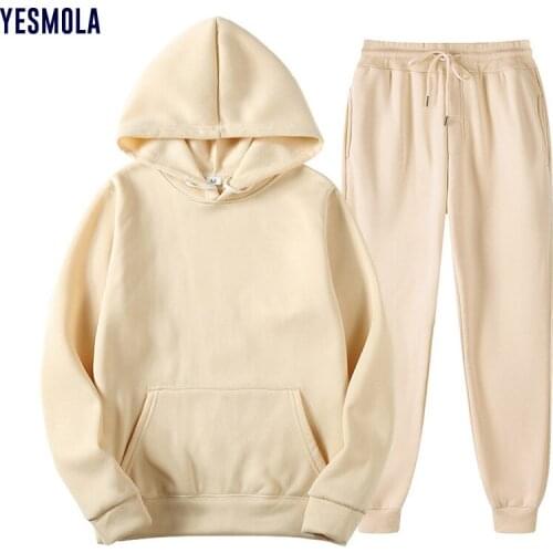 YESMOLA 2pcs Sport Suit Fitness Solid Color Mens Tracksuits Hooded Pullover Sweatshirt + Casual Pants Sets Sportswear Male