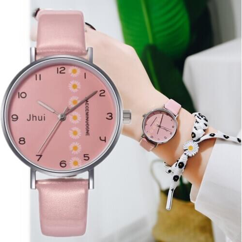 Womans Watch Daisy Flowers Bracelet Set Ladies Watches Girls Pink Fashion Leather Wristwatch Cute Women Clock Sale montre femme