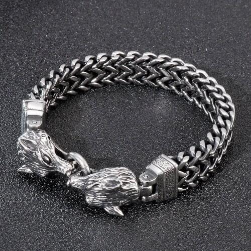 Jewels Store 13mm Stainless Steel Braided Hand Chain Werewolf Charm Mens Bracelet Punk Accessories For Man