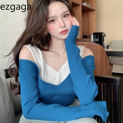 Ezgaga Off Shoulder Sexy Sweater Pullover Women Fake Two Piece Autumn New Knitted Jumper Loose Long Sleeve Elegant Ladies Chic