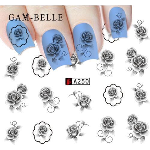 GAM-BELLE 1pc 12 Types Nail Art Black Decal Water Transfer Sticker DIY Flower Rose Slider Wraps Nail Paper Decoration Manicure