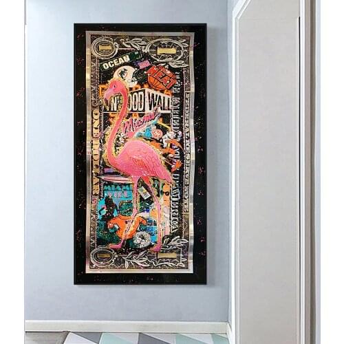 Graffiti Flamingo On Golden Dollar Abstract Art Prints Money Picture On Canvas Wall Painting Posters For Living Room Decoration